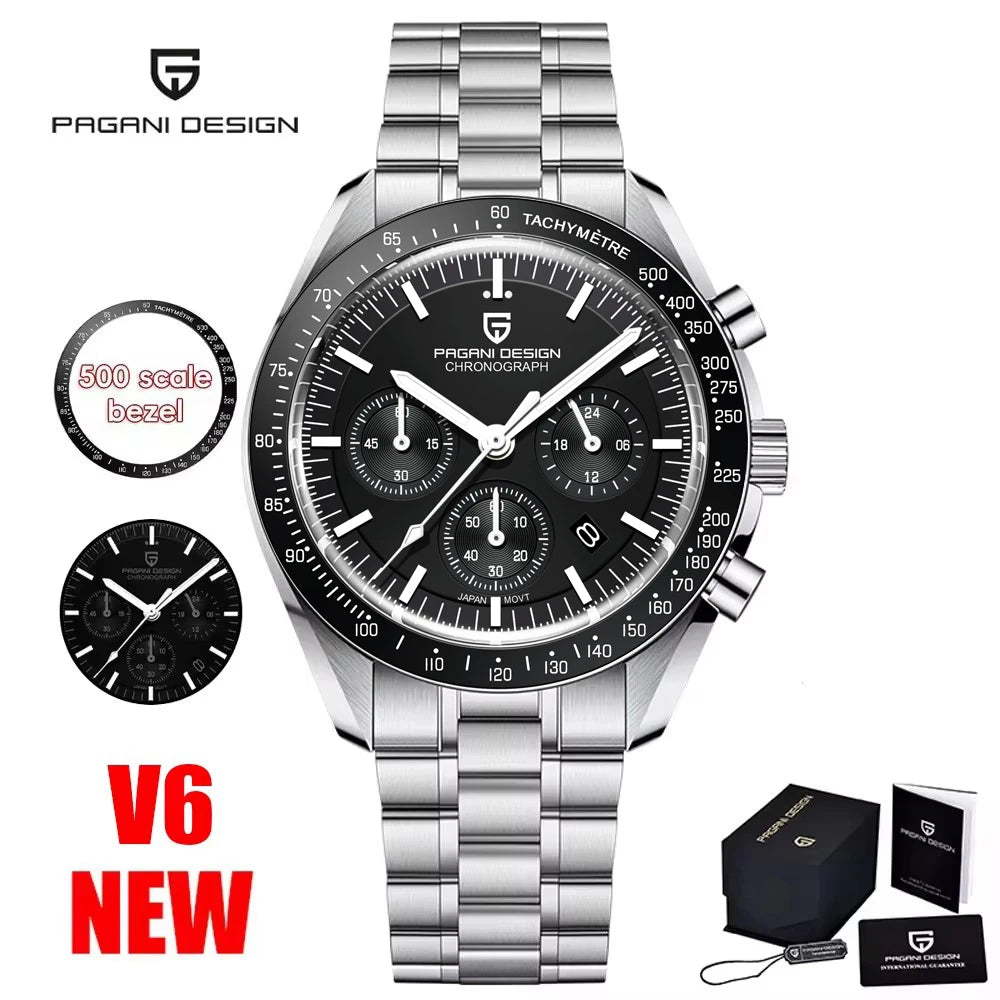 Montre pour homme PAGANI DESIGN « New Moon » – Montre à quartz de luxe, chronographe, verre saphir avec traitement antireflet, lunette en céramique, aiguilles luminescentes