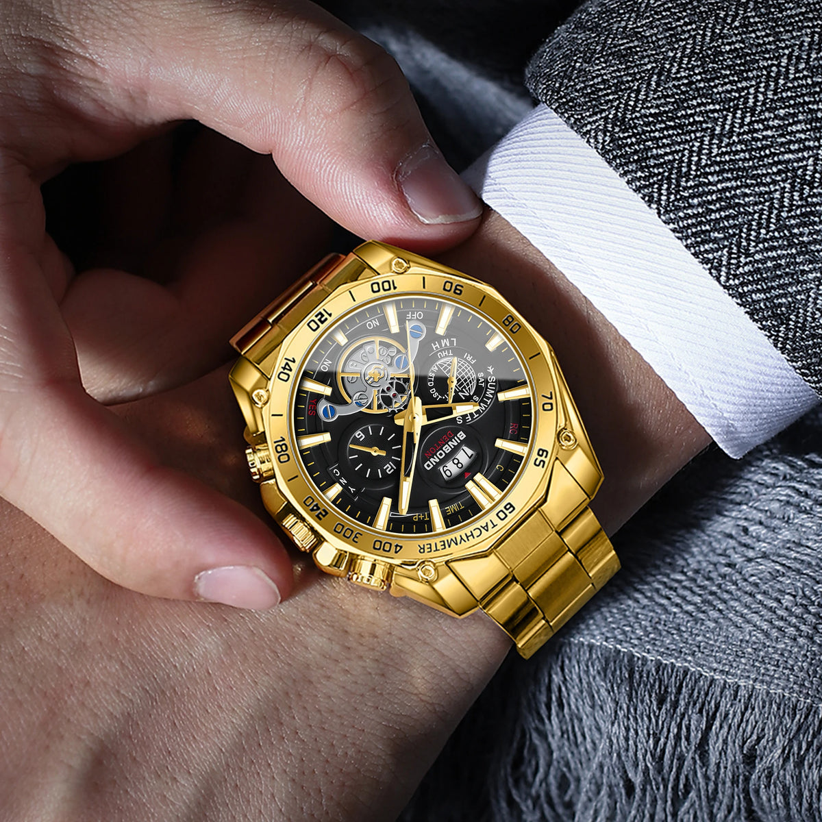 Montres à quartz de luxe BINBOND pour hommes, lumineuses, étanches, avec date automatique, précises et durables, style sport et affaires.