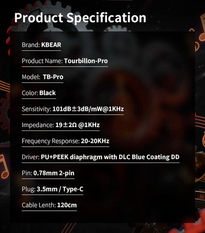 KBEAR Tourbillon-Pro TB-PRO in-Earphone 10mm DD High Resolution TypeC HIFI Wired Earbuds PU+PEEK+DLC Composite Diaphragm