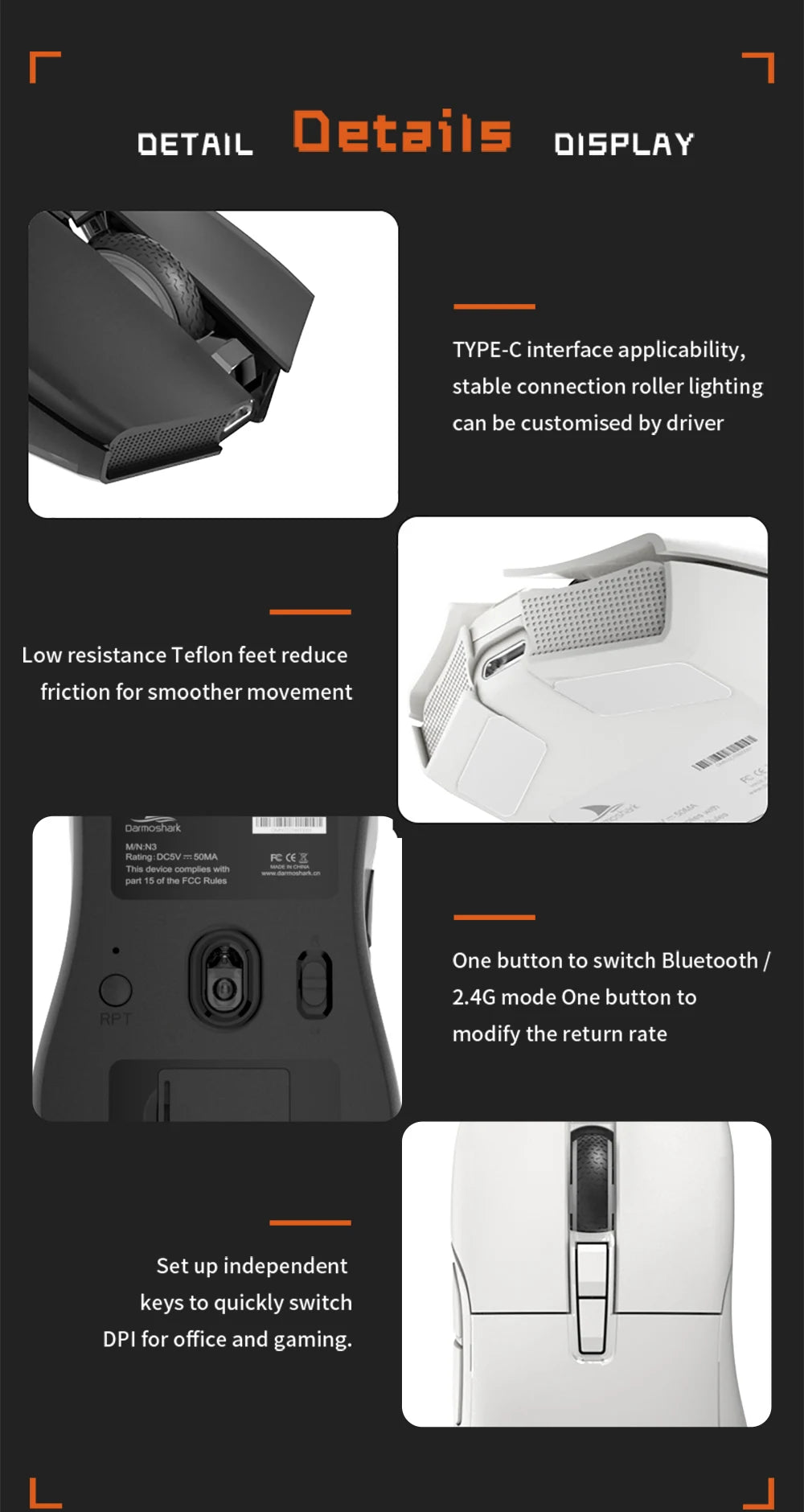 Motospeed Darmoshark N3 Pro Bluetooth brezžična gaming miška, dvojni 8K, tri-mode, polnilna, PAW3395, 64g, ergonomska miška za gamerje
