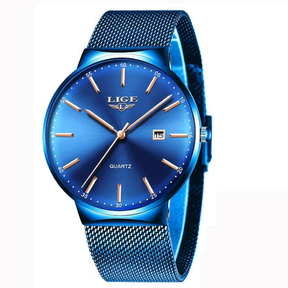 Montre pour homme LIGE, modèle élégant et luxueux, ultra-fin, étanche, avec bracelet en maille, mouvement à quartz, affichage de la date et calendrier – idéale pour un style professionnel.