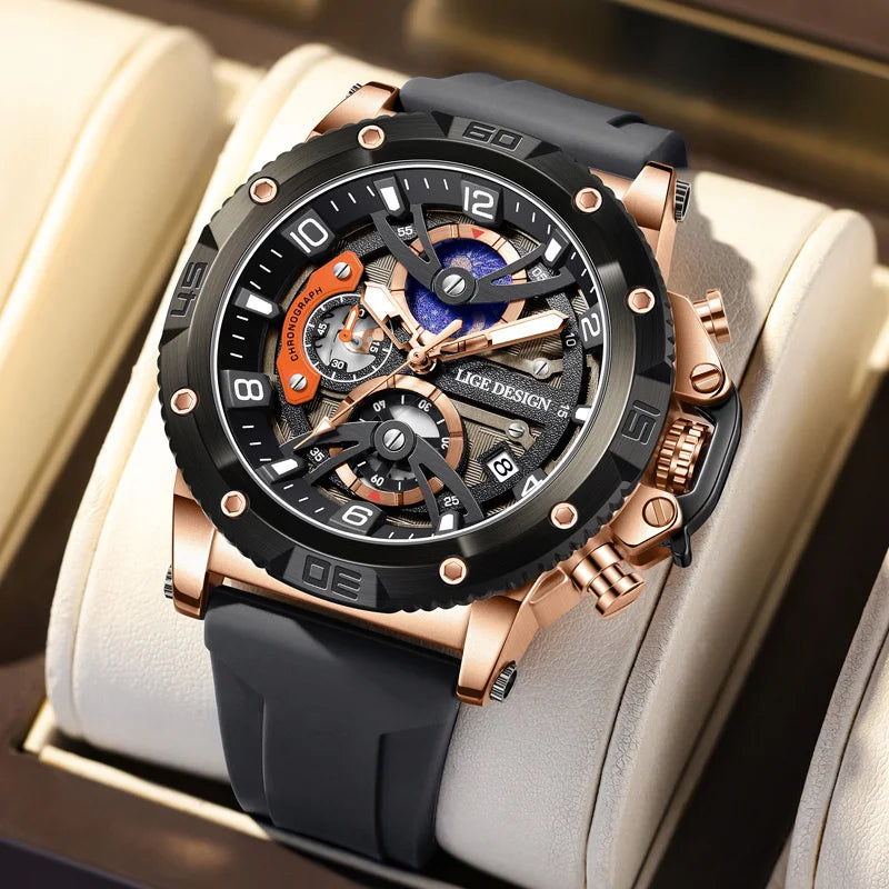 Montre pour homme LIGE Sports – Chronographe de luxe, bracelet en silicone, petits cadrans fonctionnels, mouvement à quartz, étanche et luminescente