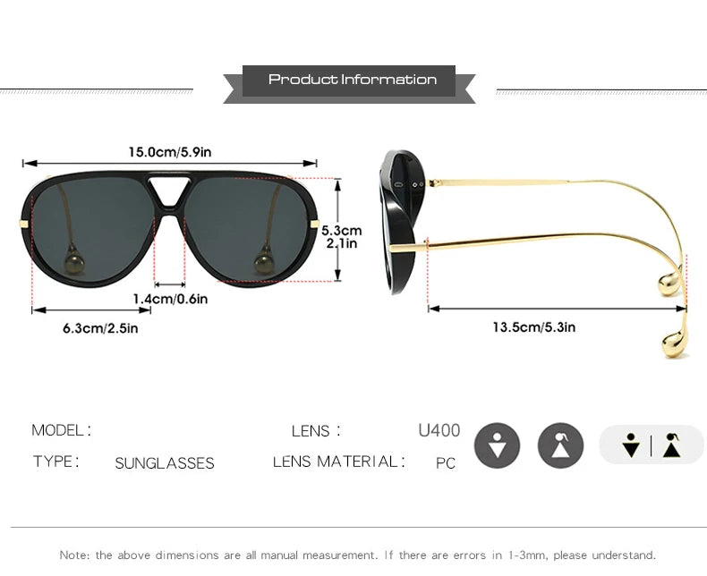 Vintage Oversized Pilot Sunglasses Unisex Double Bridge UV400 Protection Fashionable Punk Style Female Shades Popular Eyewear