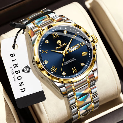 Montre-bracelet à quartz pour homme BINBOND – Style professionnel, luxueuse, lumineuse, robuste et durable, étanche, avec affichage automatique de la date et du jour de la semaine.