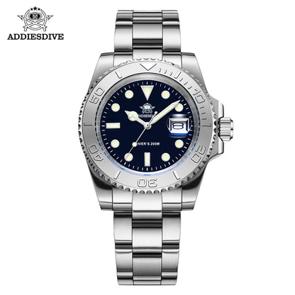 ADDIESDIVE Men's Quartz Watch 200m Waterproof Ceramic Bezel Steel Watch Magnifying Mirror Glass BGW9 Blue Luminous Diving Watch