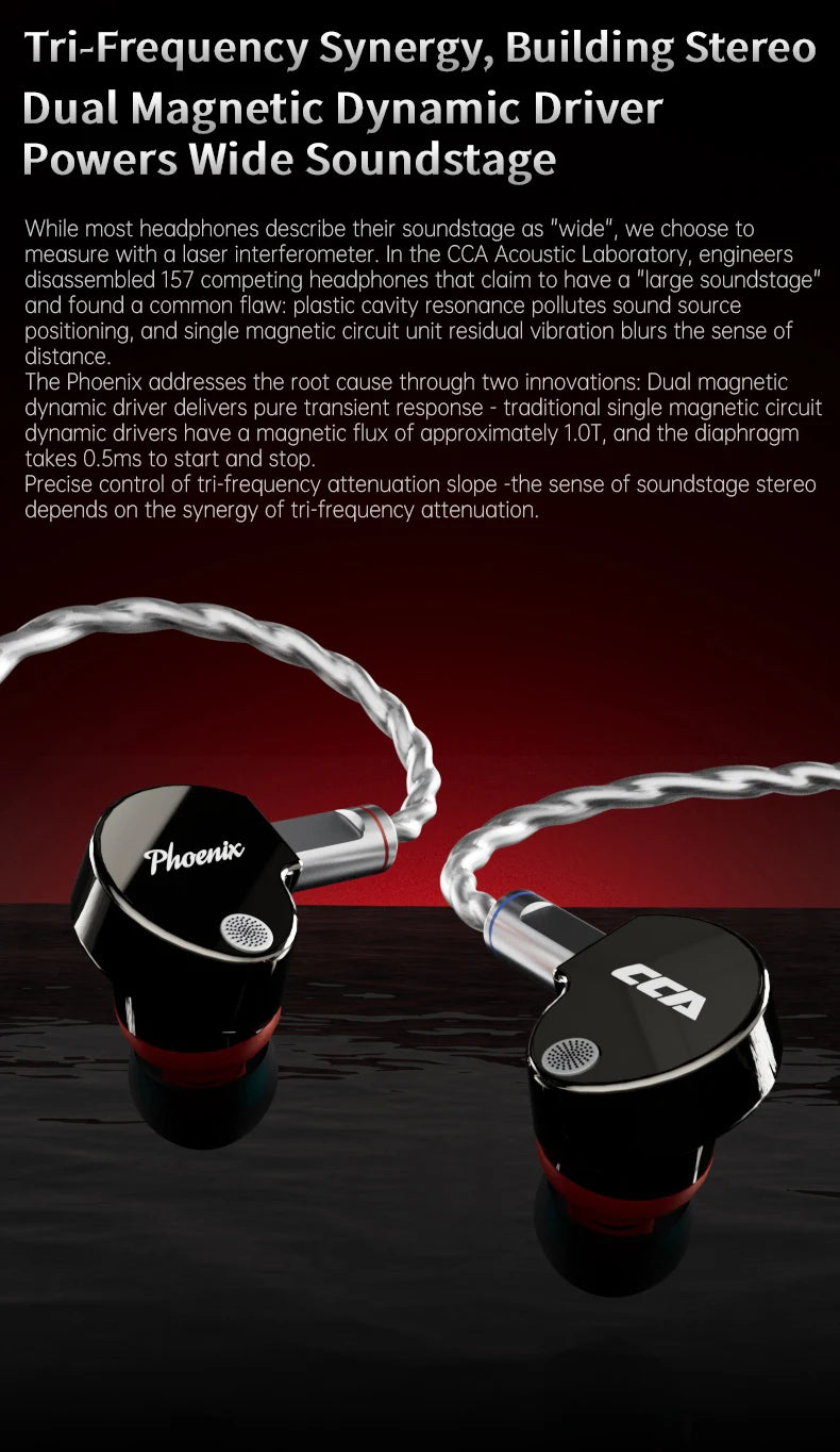 CCA Phoenix Metal Alloy Body 10mm Dual Magnetic Dynamic Coil HIFI Sound Quality In Ear Wired Esports Music Earphones