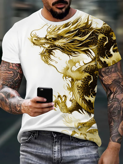 Miesten Dragon-kuvioitu T-paita, rento hengittävästä kankaasta valmistettu graafinen tee, street style -ulkomuotipaita, lyhythihainen paita miehille