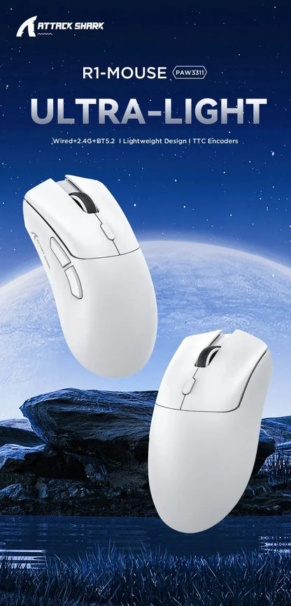 ATTACK SHARK R1 59g Ultra-light Mouse have PAW3311,18000DPI,400IPS,40G,1000Hz,Tri-Mode,Broadcom BK3633 Master,20 Million Times