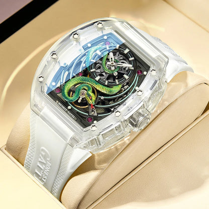 BONEST GATTI Men Mechanical Watch Sapphire Crystal Double Sided Hollow Out Luminous 30M Waterproof Snake Pattern Dial Wristwatch
