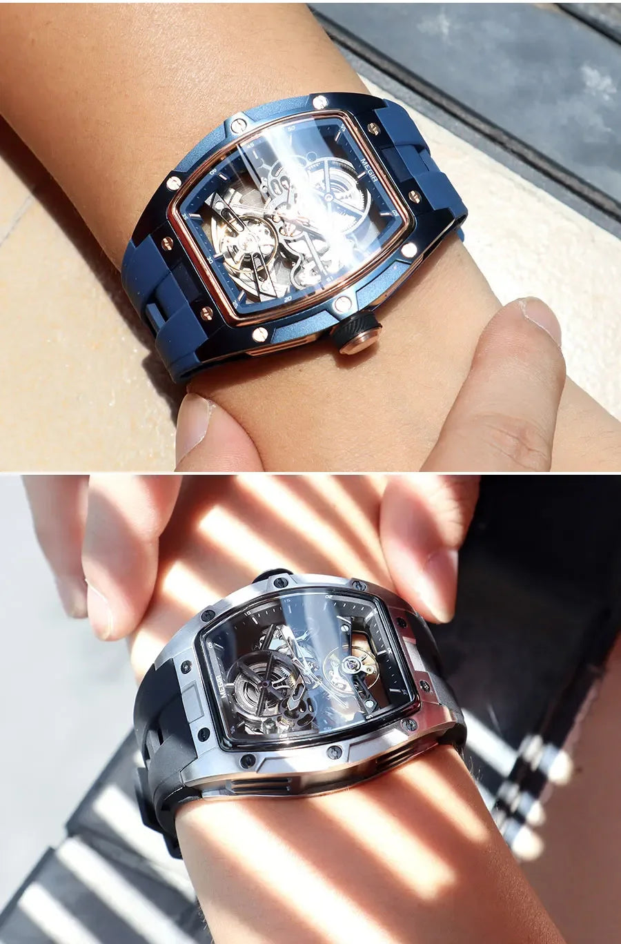 Orologio da polso automatico MEGIR da uomo, fashion, cinturino in silicone nero, impermeabile, luminoso, sportivo, meccanico, con quadrante tonneau 2242