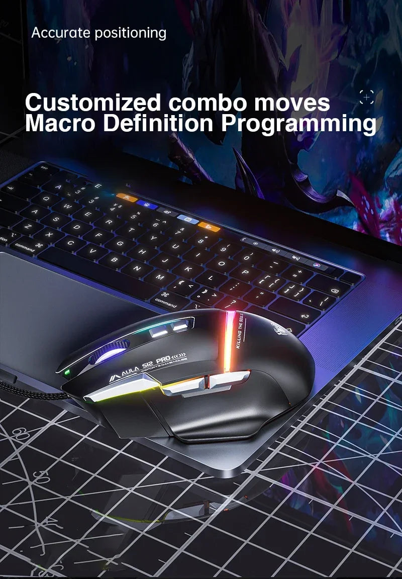 Mouse meccanico cablato AULA S12Pro 1000HZ 12800DPI RGB a bassa latenza con macro personalizzabili, mouse da gaming esports, accessori per PC gamer