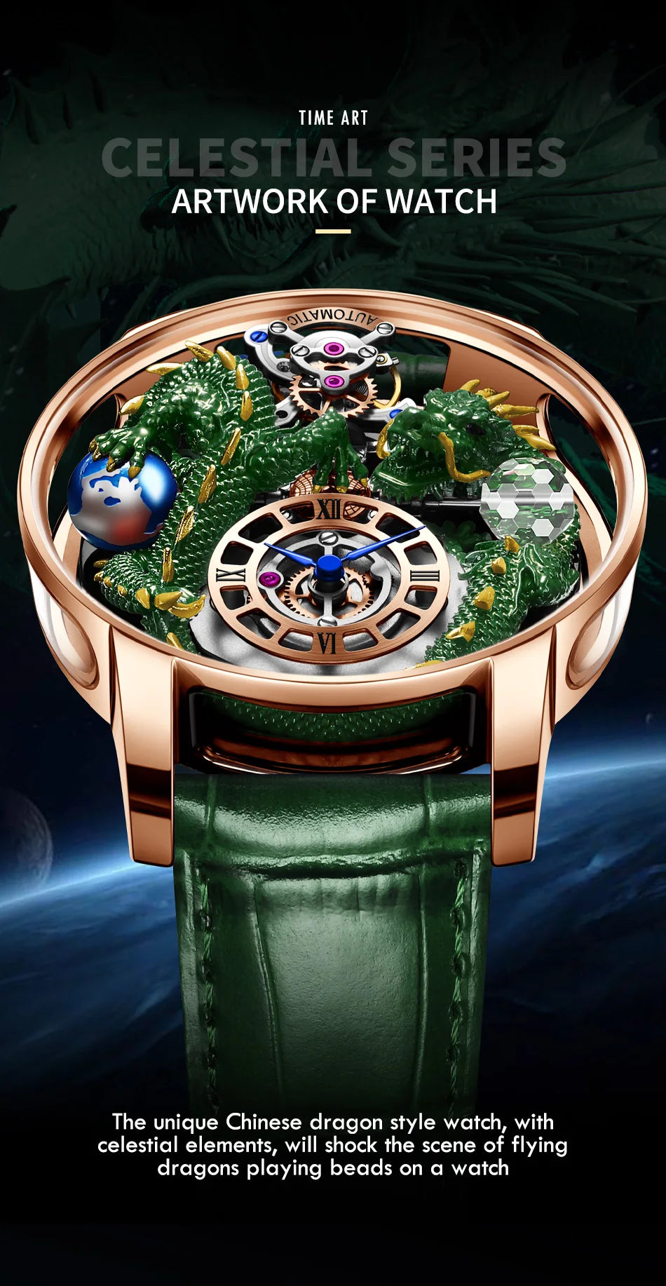 PINDU Design New 3D Dragon Earth Theme Quartz Watches Men Celestial Series Curved Mirror Transparent Design Watch Wristwatches