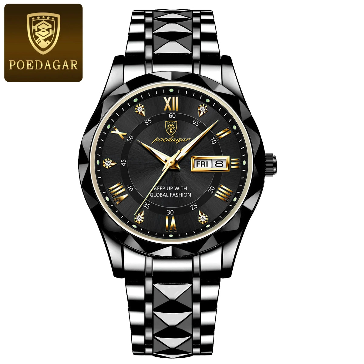 POEDAGAR Business Luxury men’s watch, water-resistant, stainless steel, luminous, with date and day of the week, sporty style, quartz.