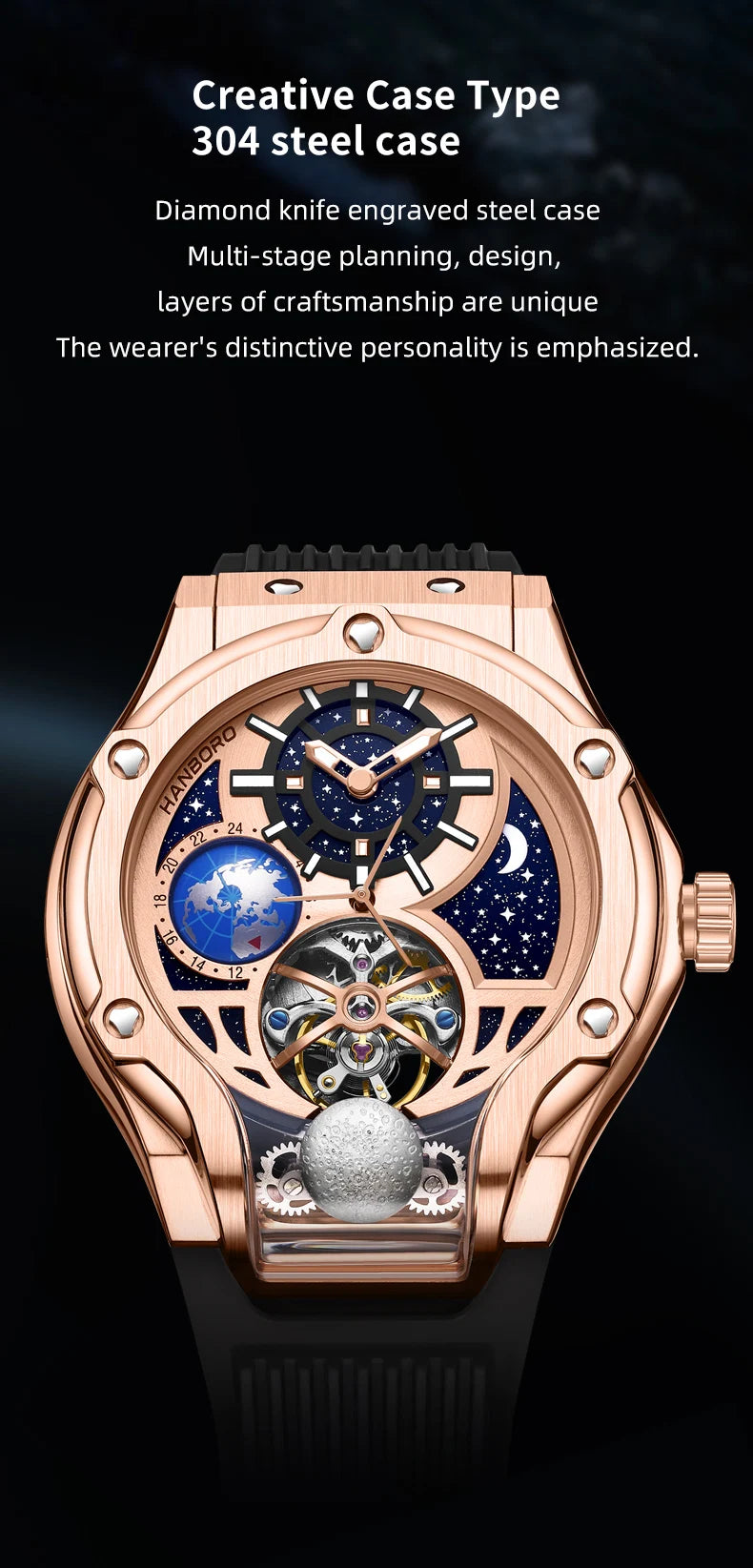 HANBORO Rose Gold Starry Sky Hollow Flywheel Moon Phase Automatic Mechanical Watch Luxury Space Theme Sports Watch 980