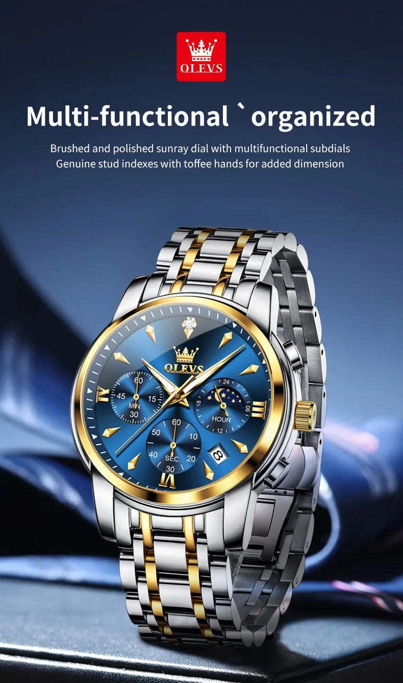 OLEVS 3639 Top Brand Original Luxury New Quartz Watch Stainless Steel Watch For Men Waterproof Luminous Moon Phase Mens Watch