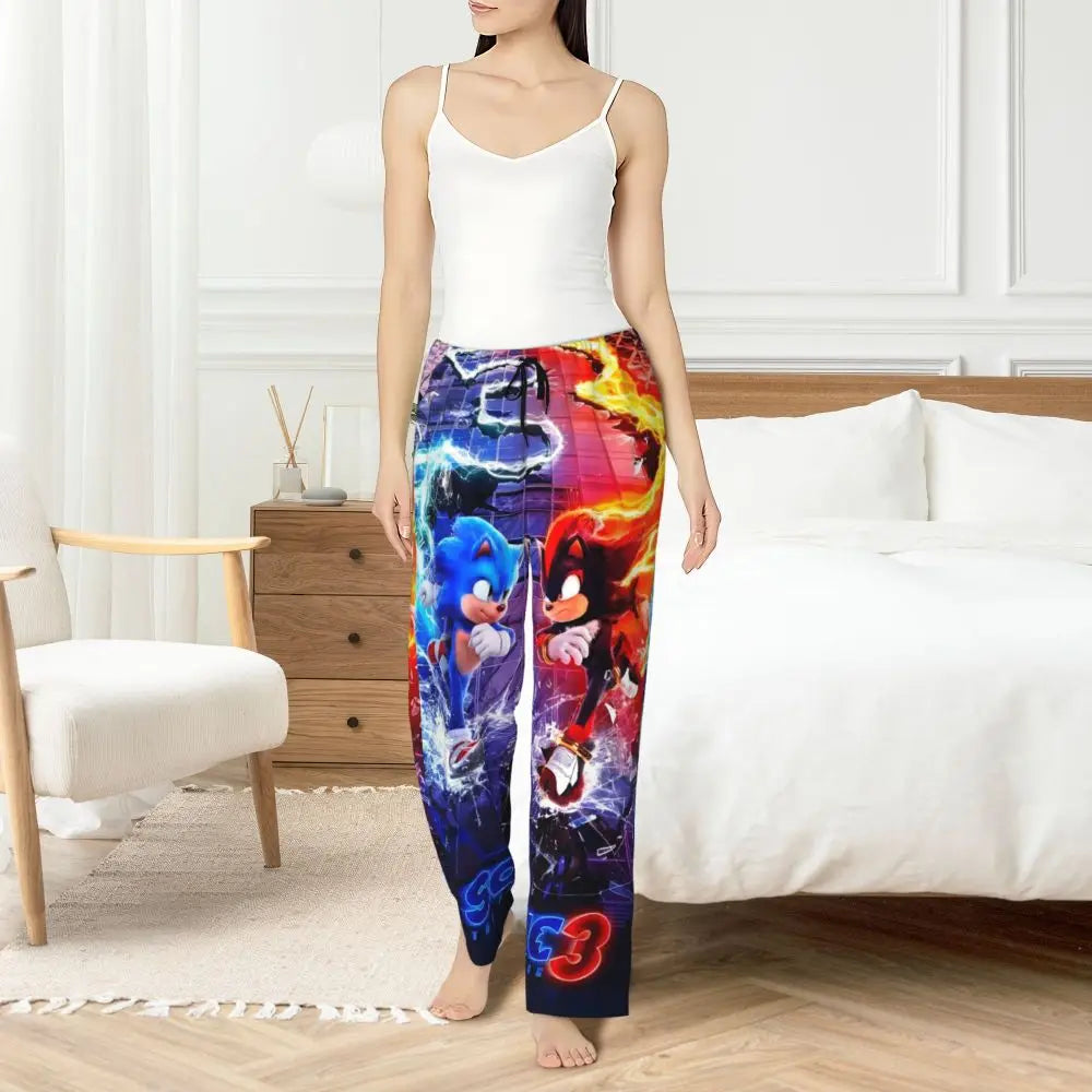 Custom Women Soniced Pajama Pants Printed Hedgehog Game Sleep Sleepwear Bottoms with Pockets