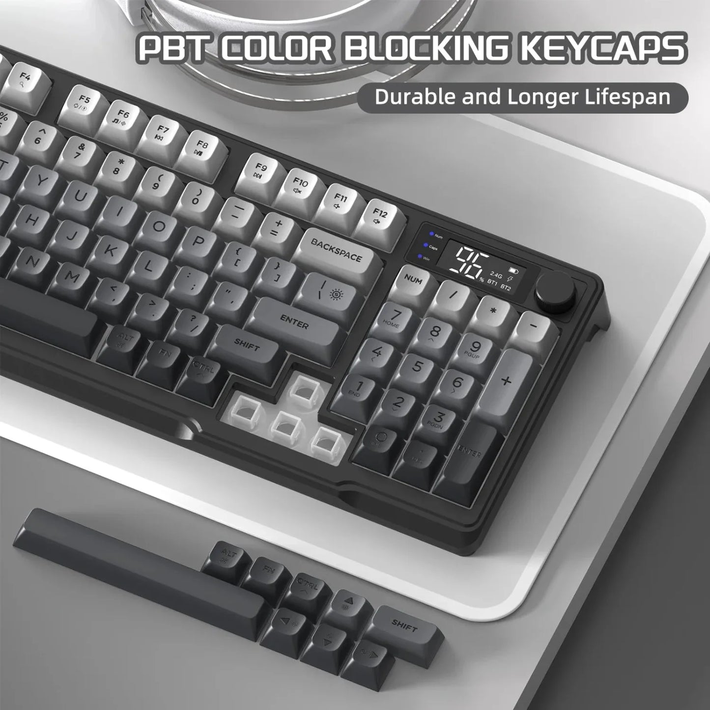 FREEWOLF M96 Wireless Keyboard Knob Control BT/2.4g/Wired,RGB LED Backlight Display,Pbt Keycap,3000mA Battery for PC/Laptop