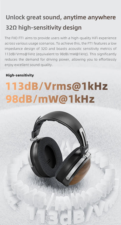 FiiO FT1 Professional Wired HiFi Monitor Headphones – North American Walnut Over-Ear Dynamic Stereo Headset with Leather & Metal Build