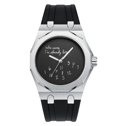 Montre pour homme de luxe avec boîtier octogonal et bracelet en silicone, étanche, dotée d'un cadran arborant le slogan humoristique « Who Cares I'm Already Late » (Et puis quoi, je suis déjà en retard).