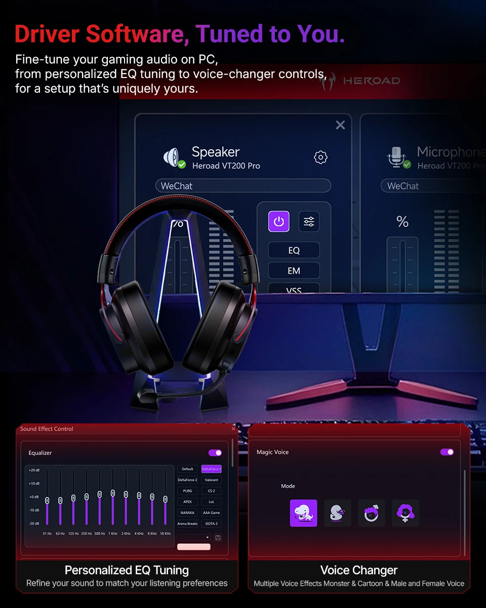 QCY Casque Gamer Sans Fil Heroad VT200 avec Microphone Détachable, Casque Over-Ear, Connexion Tri-Mode, Son Surround 7.1 pour PC, PS4 et PS5