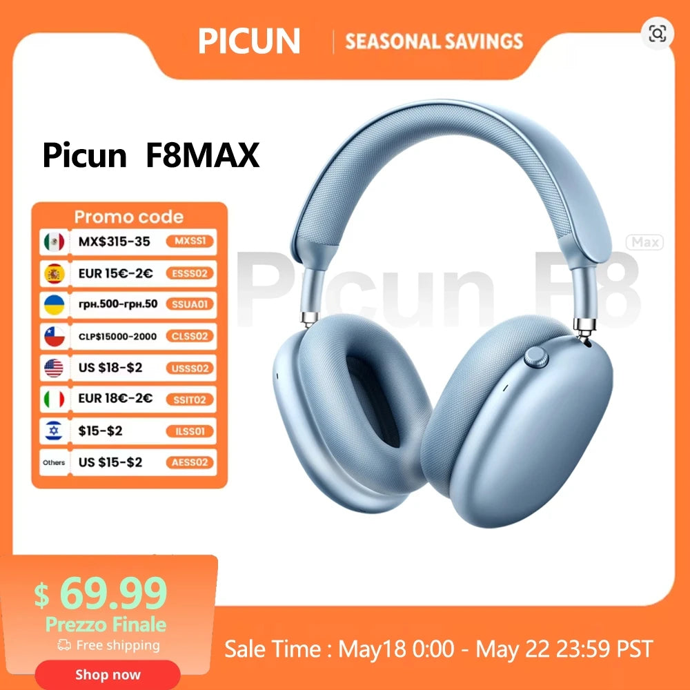 Cuffie wireless Picun F8MAX ANC, cancellazione attiva del rumore ibrida 59dB, audio spaziale, auricolari Bluetooth 6.0, headset over-ear 180H