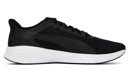Chaussures de course basses en cuir synthétique moderne Puma Transport, modèle 377030-01, noir et blanc.