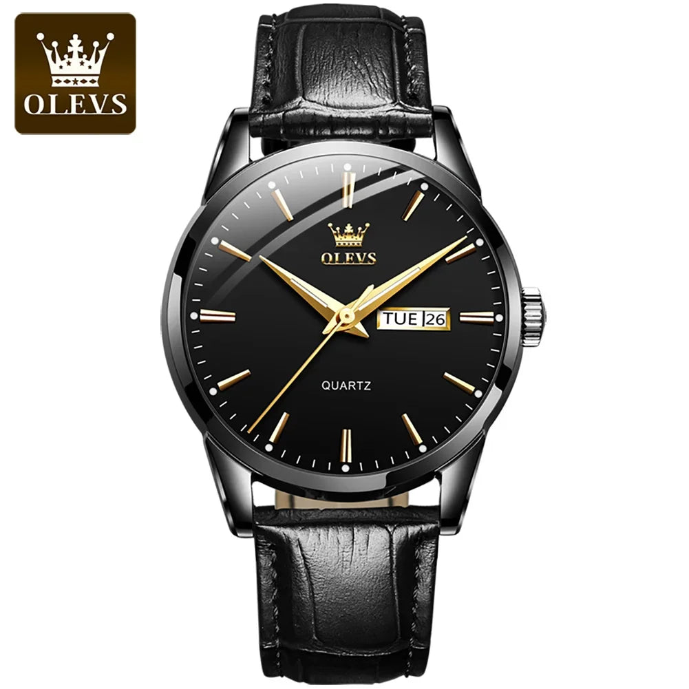 Montre à quartz OLEVS pour homme – Style luxe et élégant, bracelet en cuir, affichage de la date et du jour, étanche, idéale pour le travail
