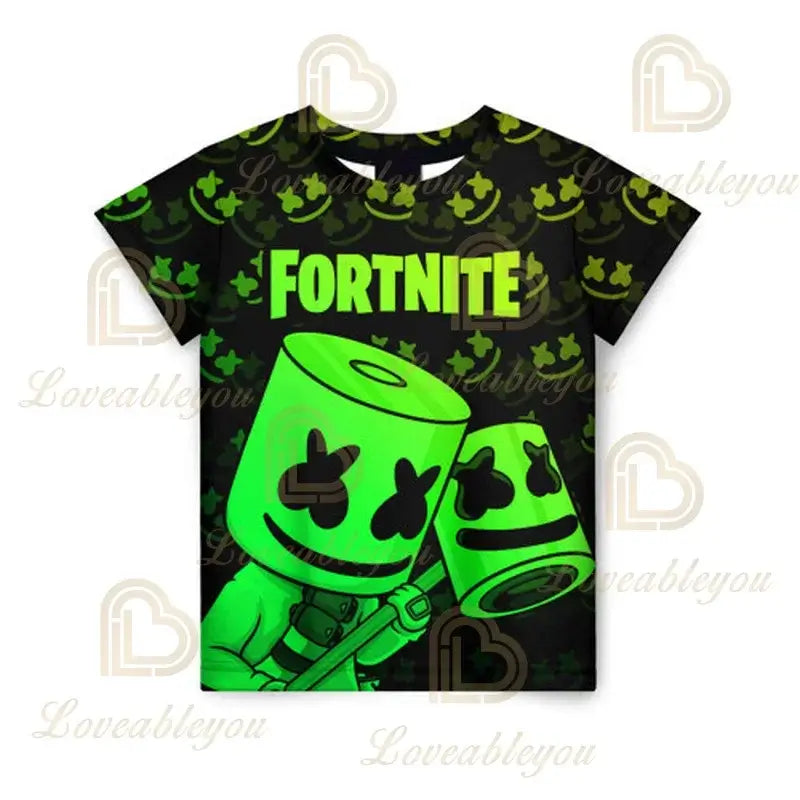 Camiseta infantil de verano Cartoon Fortnite con estampado 3D, para niños y niñas, streetwear para adultos y niños, camiseta divertida de cuello redondo