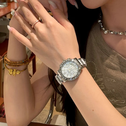 CILOA Women's Chronograph Watch Diamond Bezel White Ceramic & Stainless Steel Band Luxury Fashion Quartz Wristwatch