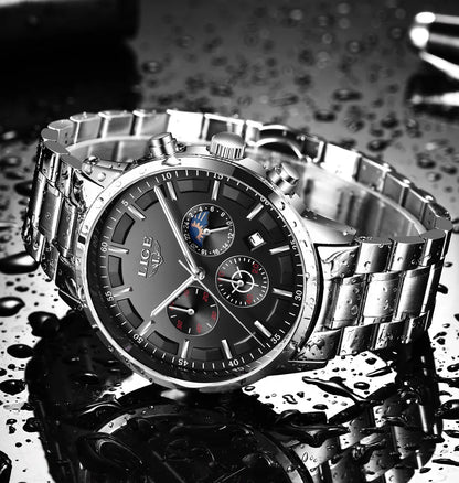 Montre pour homme LIGE – Chronographe à quartz de luxe, étanche (3 bars), avec aiguilles luminescentes – Idée cadeau (boîte incluse)