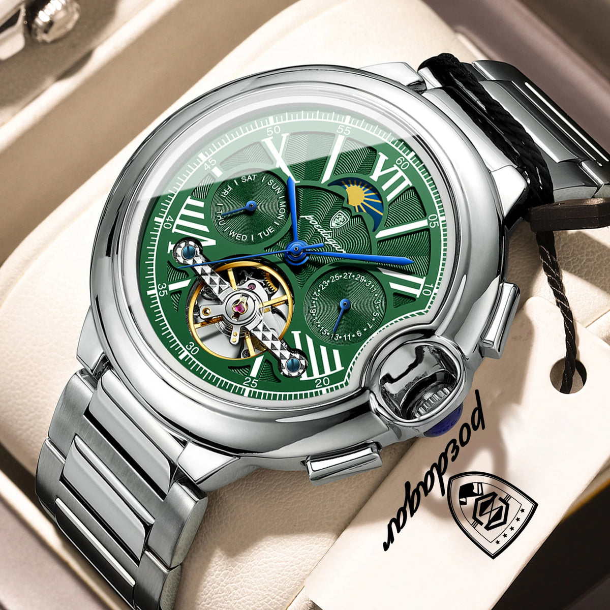Montre de luxe pour homme POEDAGAR – Modèle automatique mécanique avec affichage de la date et du jour, bracelet en cuir, tourbillon, étanche, style élégant et professionnel.