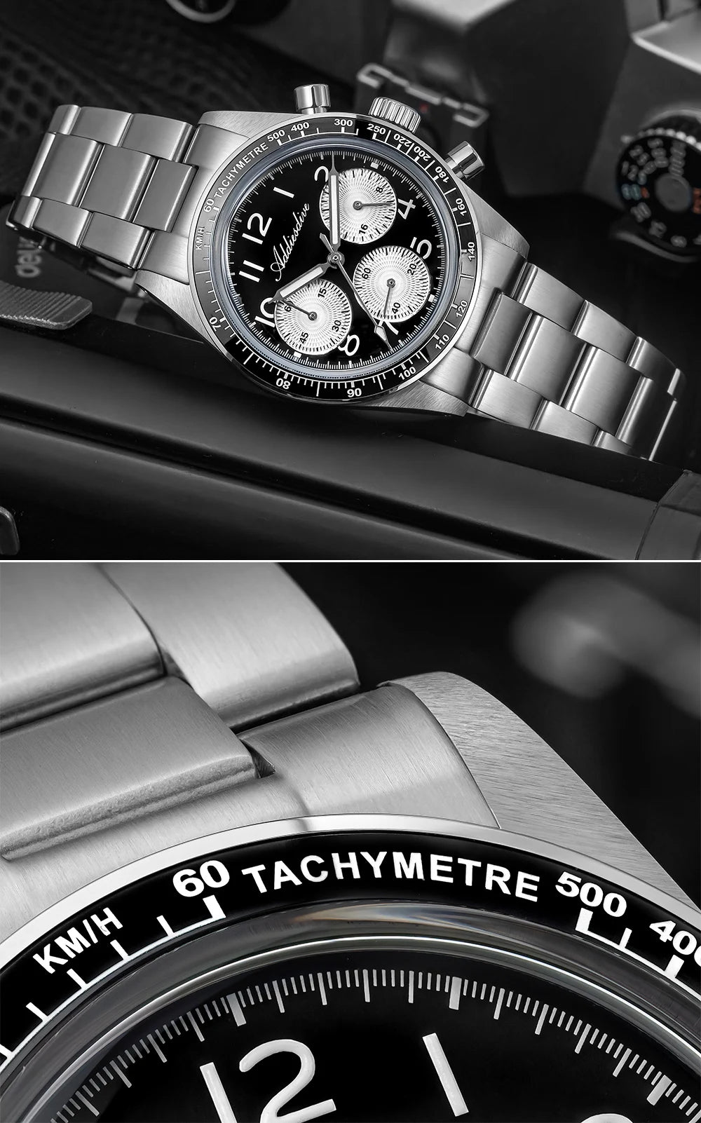 ADDIESDVIE Men Watch Reloj Hombre 10Bar Waterproof AD2517 BGW9 Super Luminous 316L Stainless Steel VK63 Chronograph Quartz Watch