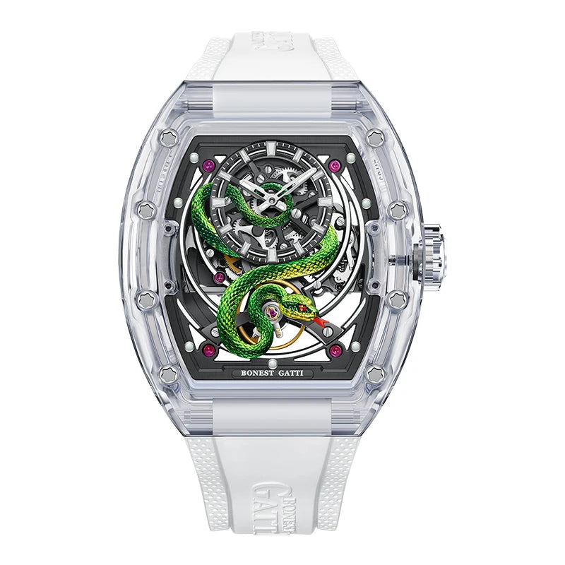 BONEST GATTI Men Mechanical Watch Sapphire Crystal Double Sided Hollow Out Luminous 30M Waterproof Snake Pattern Dial Wristwatch