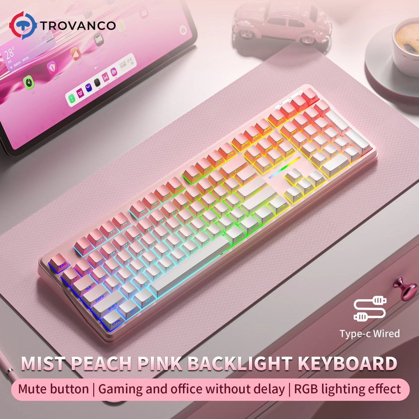 V108 Pro Bluetooth Keyboard  Office Low Noise 2.4G Wired&Wireless Full Layout with RGB Backlit Membrane