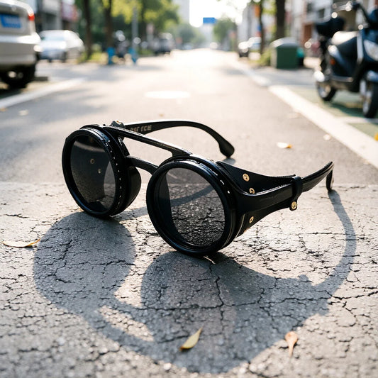 Adjustable 9-Gear ND Filter Steampunk Sunglasses UV400 Round Retro Punk Sun Glasses with Side Shields Leather Patch for Men Wome