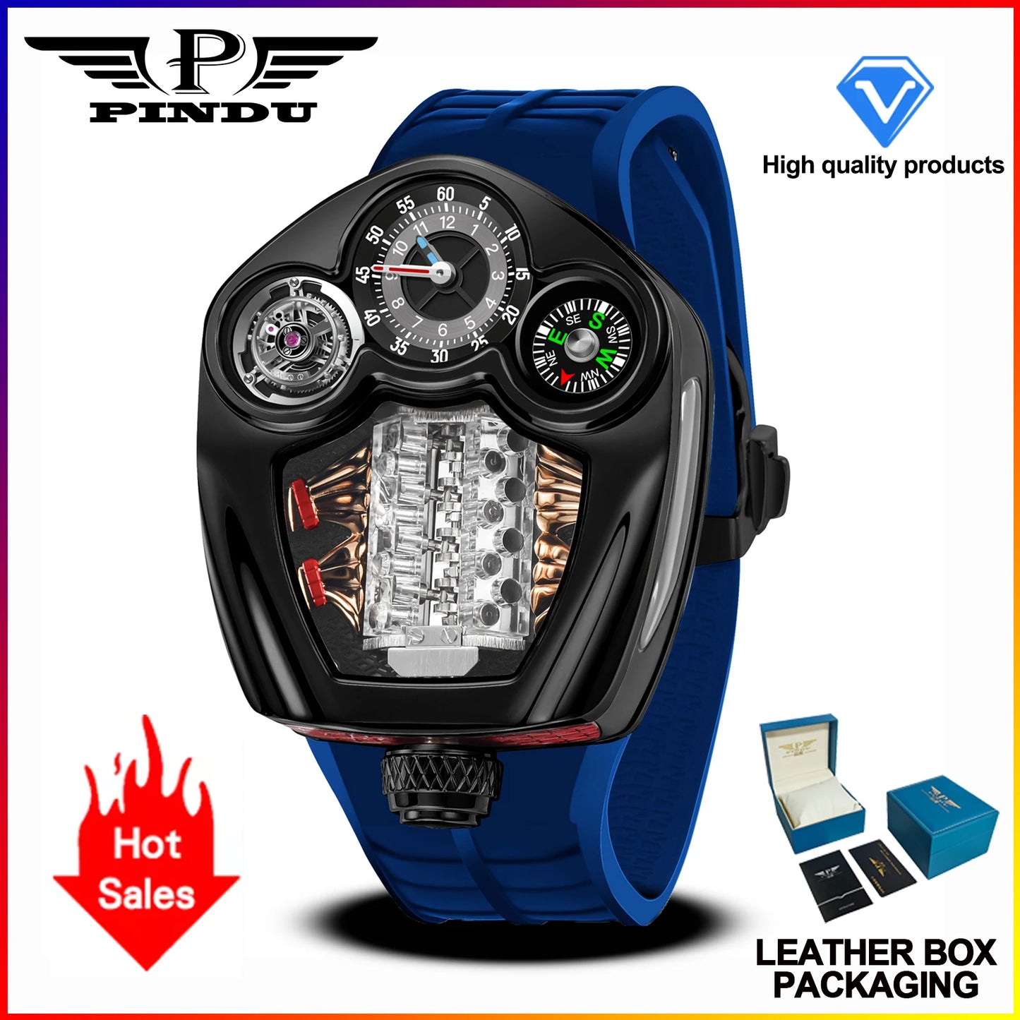 PINDU Design NEW Engine Series Quartz Watch Men TOP-luxurious Stainless steel Compass Waterproof Swiss quartz 762 movement watch