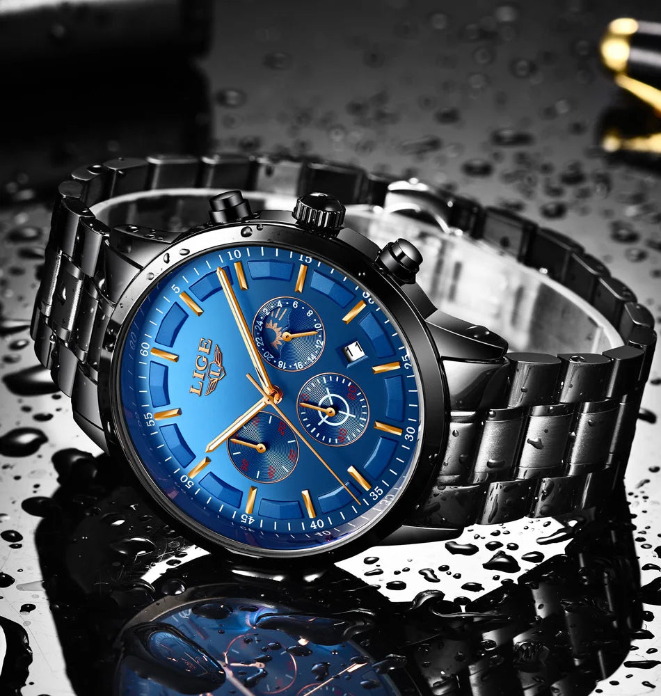 Montre pour homme LIGE – Chronographe à quartz de luxe, étanche (3 bars), avec aiguilles luminescentes – Idée cadeau (boîte incluse)