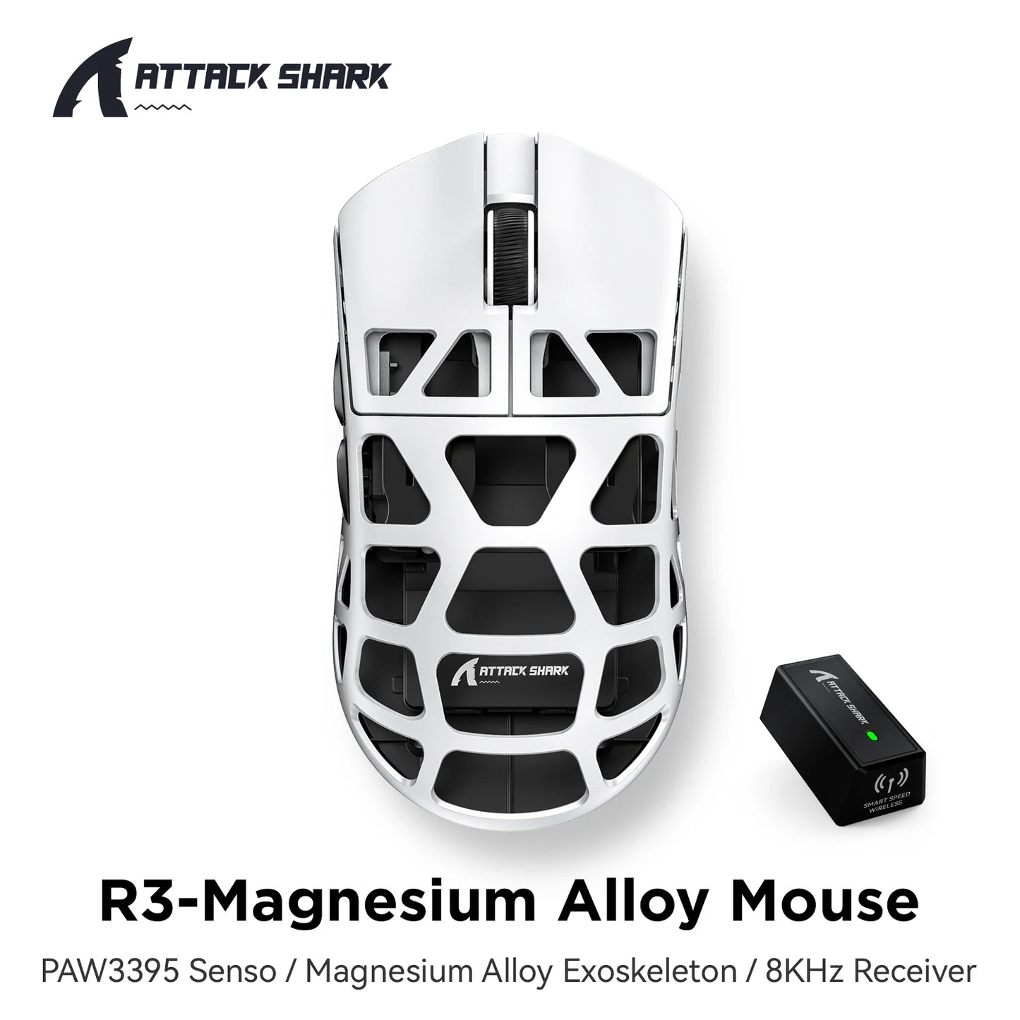 Mysz gamingowa ATTACK SHARK R3 ze stopu magnezu, konstrukcja honeycomb, ultralekka, 8K Hz, sensor PAW3395, 26000 DPI, ergonomiczna obudowa