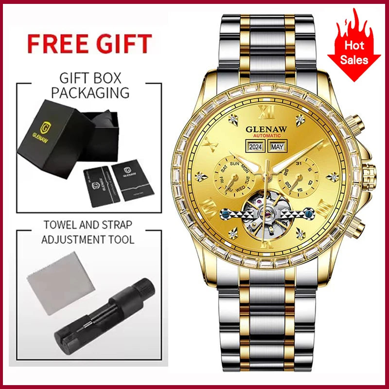 Montre mécanique multifonction GLENAW – Modèle pour homme, style business et décontracté, bracelet en acier inoxydable, étanche, avec calendrier – Montre de luxe