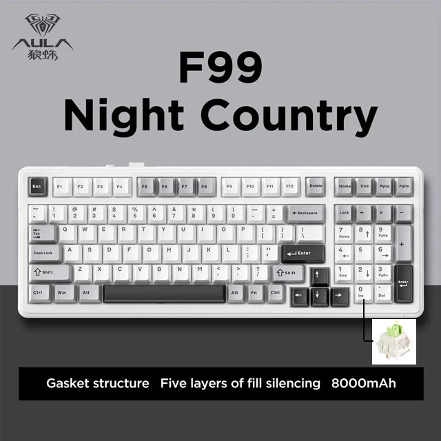 Teclado mecánico gaming Aula F99 de 99 teclas, tres modos: 2.4g inalámbrico, Bluetooth y cableado, hot swap, PBT, gasket y RGB para juegos y escritura