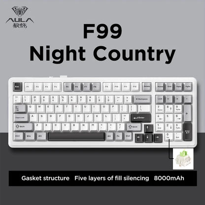 Teclado mecánico gaming Aula F99 de 99 teclas, tres modos: 2.4g inalámbrico, Bluetooth y cableado, hot swap, PBT, gasket y RGB para juegos y escritura