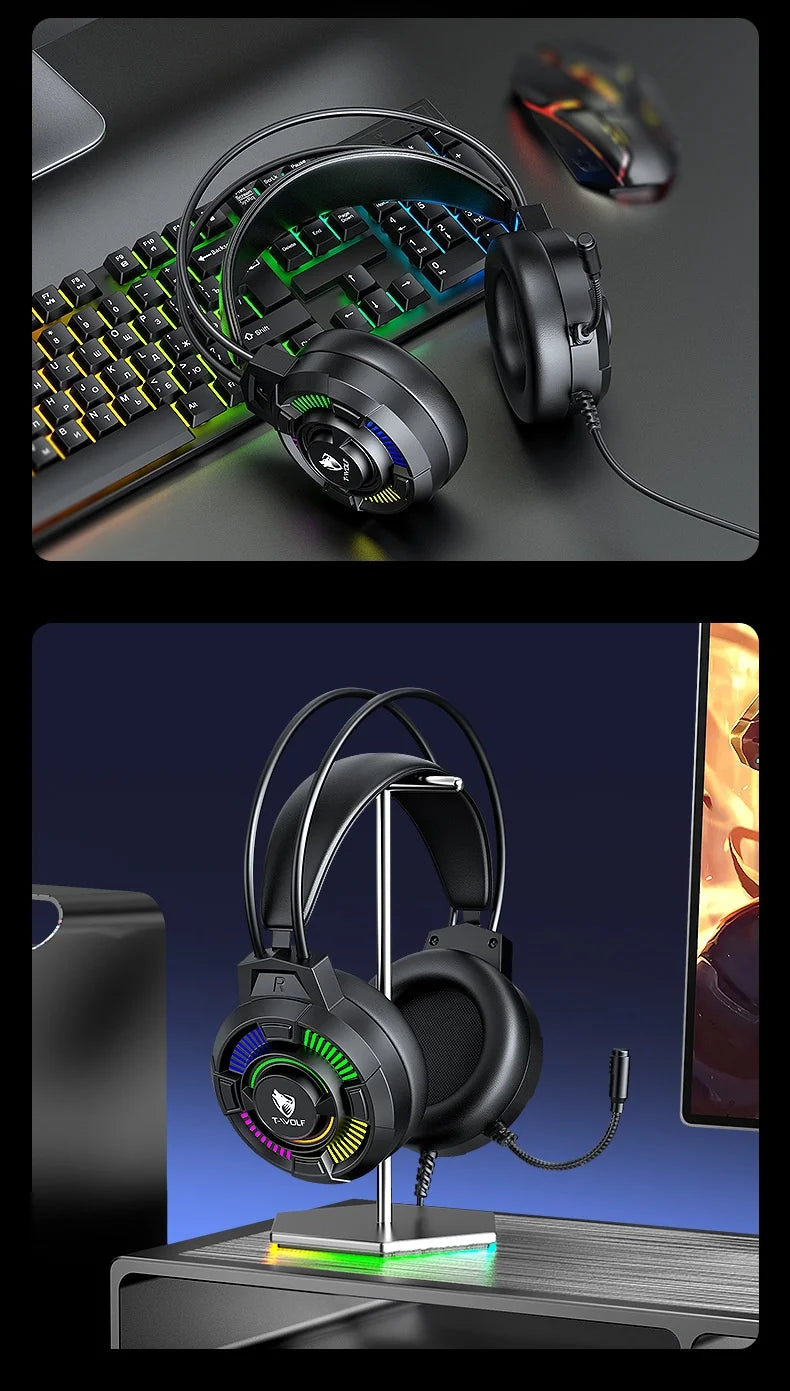 Casque de jeu T-Wolf H140, filaire, éclairage LED RVB, son surround 7.1, casque supra-auriculaire avec micro pour PC, ordinateur portable, joueurs sur ordinateur de bureau