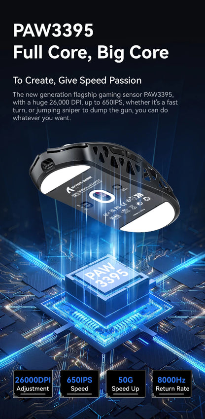 Mysz gamingowa ATTACK SHARK R3 ze stopu magnezu, konstrukcja honeycomb, ultralekka, 8K Hz, sensor PAW3395, 26000 DPI, ergonomiczna obudowa
