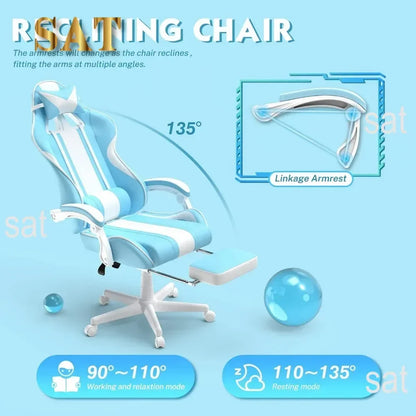 #For Kawaii Light Blue Gaming Chair with Bunny Ears, Ergonomic Cute Gamer Chair with Footrest and Massage, Racing Reclining&