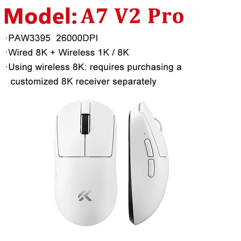 Mouse da gaming wireless leggero MCHOSE A7 V2 Ultra / Pro, Dual 8000Hz, PAW3950 TI, 42000DPI, per PC e gamer e-sport