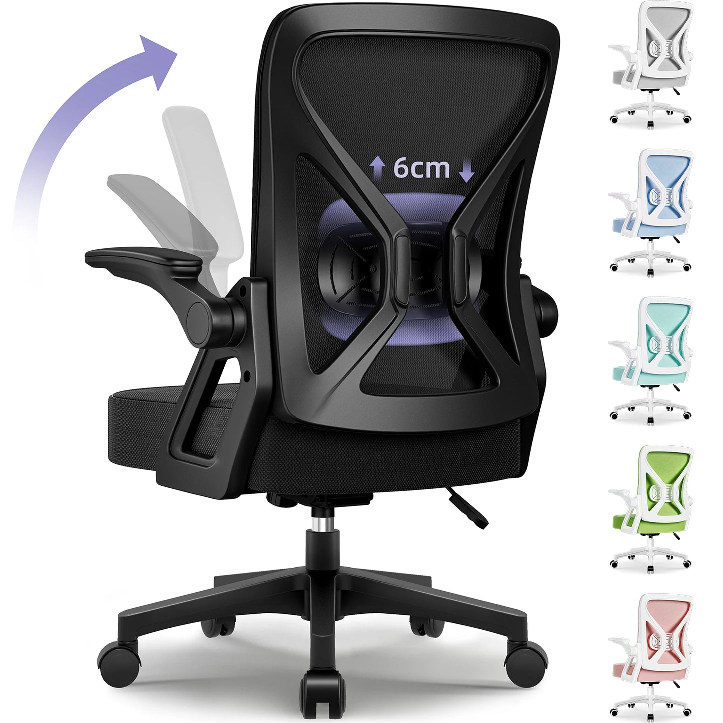 AUTHMIC Ergonomic Office Chair Mesh Back Lumbar Support Flip-Up Armrests Reclining Adjustable Height for Home Office Desk Work