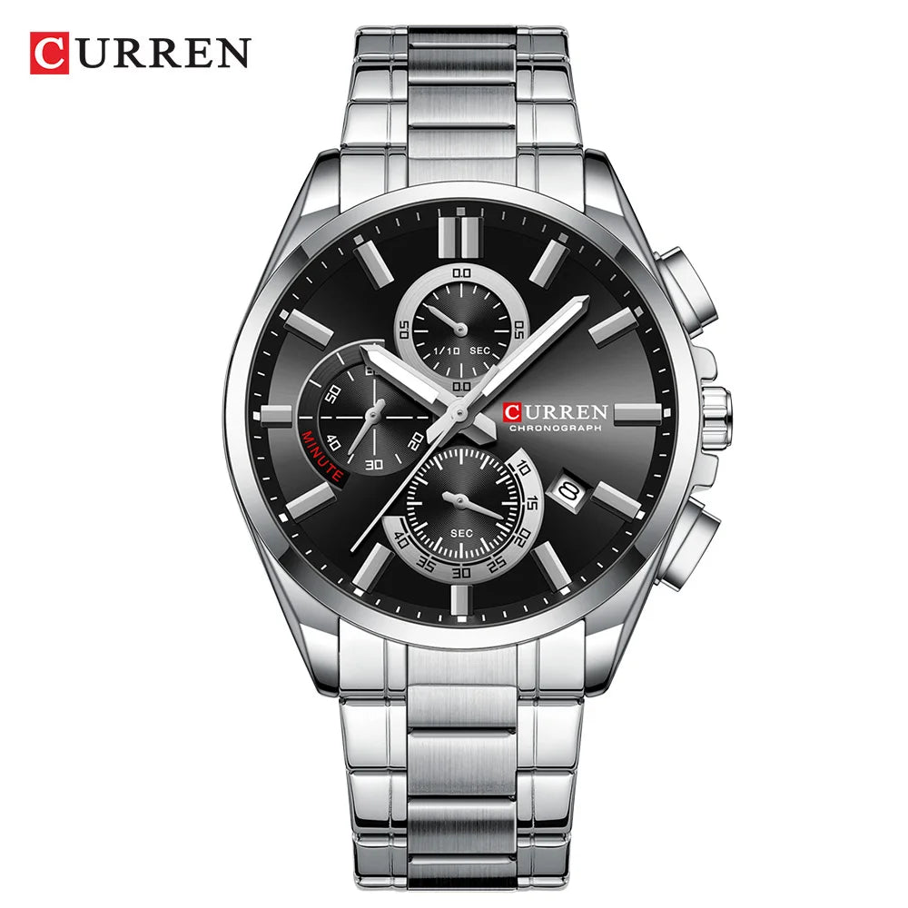 Montre homme CURREN, marque de luxe, originale, étanche, en acier inoxydable, chronographe, phase de lune, date, cadran rotatif