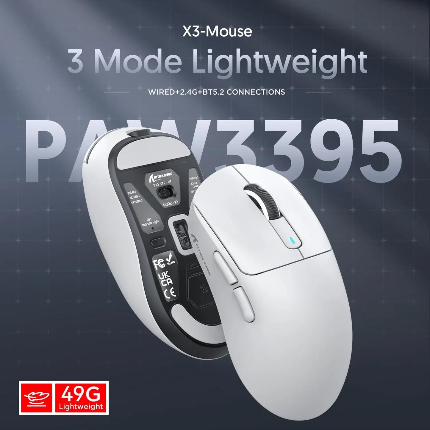 ATTACK SHARK X3 Wireless Gaming Mouse PixArt PAW3395 49g SUPERLIGHT, BT/2.4G Wireless/Wired, 6 Adjustable DPI up to 26000
