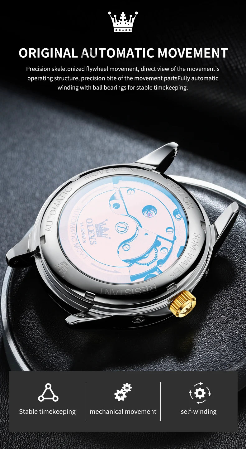 OLEVS 7016 Automatic Man Watch Stainless Steel Diamond Bezel Skeleton Flywheel Moon Phase Luminous Waterproof Mechanical Watches