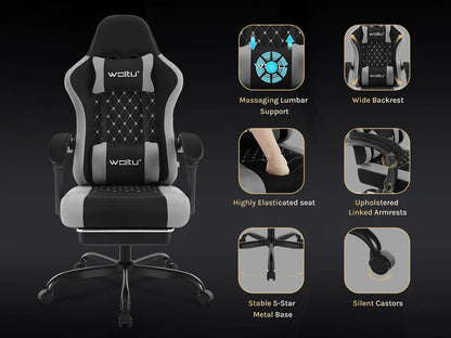 WOLTU Massage Gaming Chair Ergonomic Swivel Computer Chair with Pillow & Footrest Adjustable Headrest Lumbar Support Gamer Chair